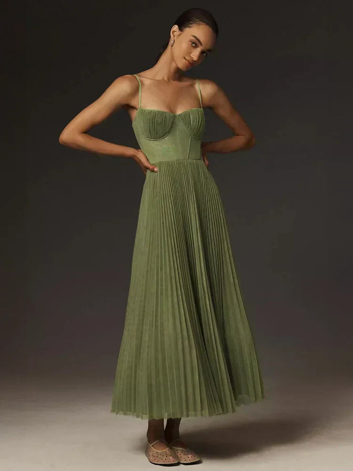 Women's Midi Dress – Elegant Tulle Dress with Ruched Corset and Flared A-Line Skirt
