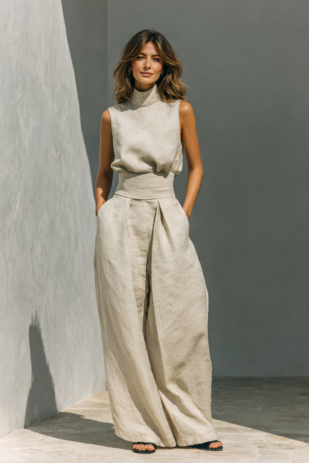 Maria - Complete set with tank top and wide pants in minimalist cotton and linen for women